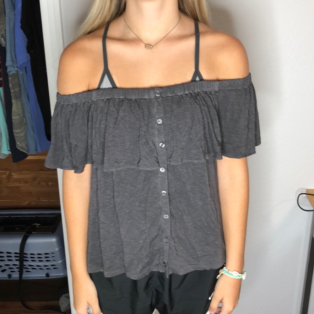 gray off the shoulder shirt american eagle